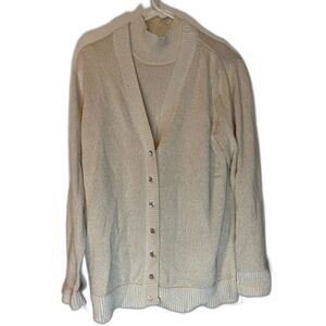 Quacker Factory RetroGlam Holiday Dressy Cream/Gold Shimmer Tank & Cardigan  L